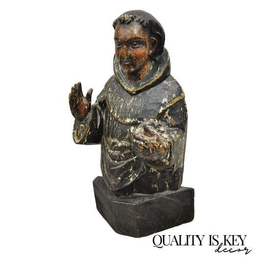 Antique Polychromed Carved Wood Religious Spanish Priest 18" Sculpture Figure