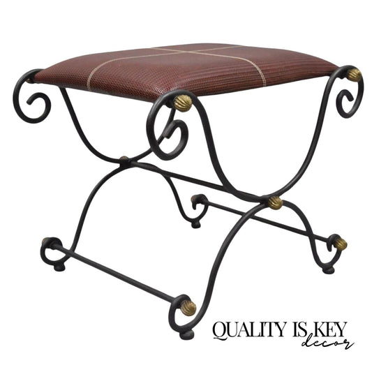 Spanish Regency Style Iron X-Base Curule Bench Stool with Red Woven Leather Seat