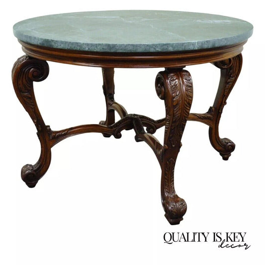 French Baroque Style Carved Mahogany and Green Marble Top Round Center Table