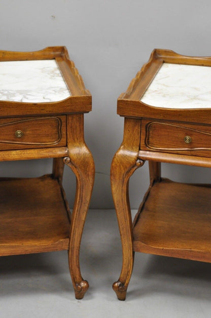 French Country Provincial Style Marble Top Shell Carved Danby End Tables - Pair