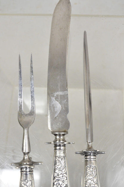 Antique R Wallace & Sons Victorian Silver Plated Repousse Meat Carving Set - 3Pc