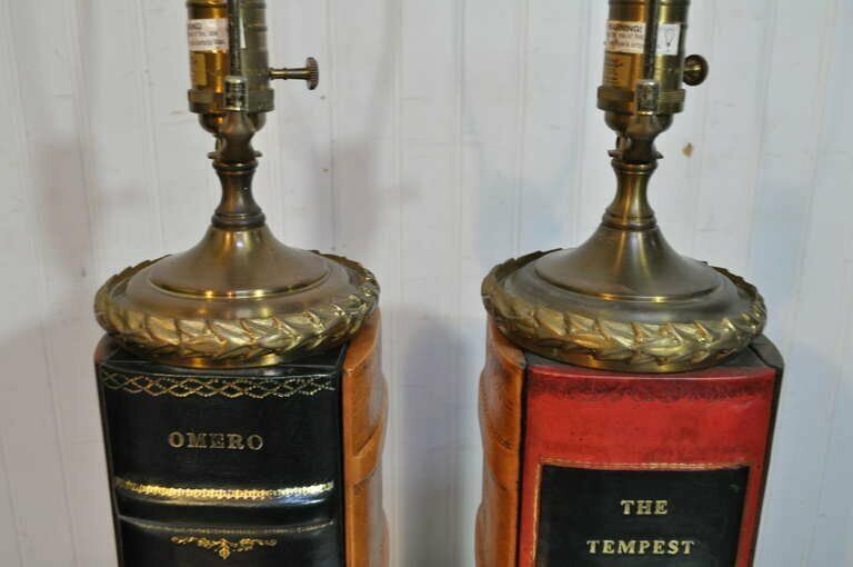 Vintage English Regency Style Leather Book Form Table Lamps by Wildwood - a Pair