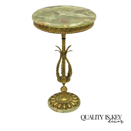 Antique French Victorian Style Green Onyx and Brass Round Pedestal Side Table