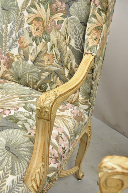 Pair French Provincial Country Louis XV Style Upholstered Wingback Lounge Chairs