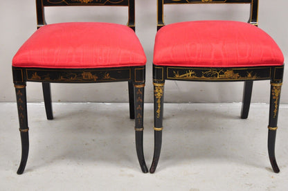 Vintage Chinoiserie English Regency Style Black Painted Dining Chairs - Set of 6