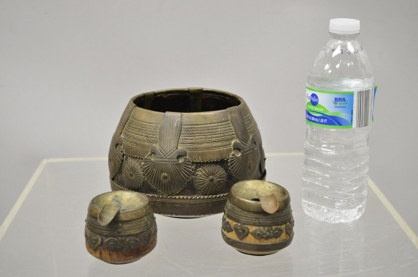 19th C. Antique Indian Brass and Wood Smoking Tobacco Jar Box Ashtray Set - 3 Pc