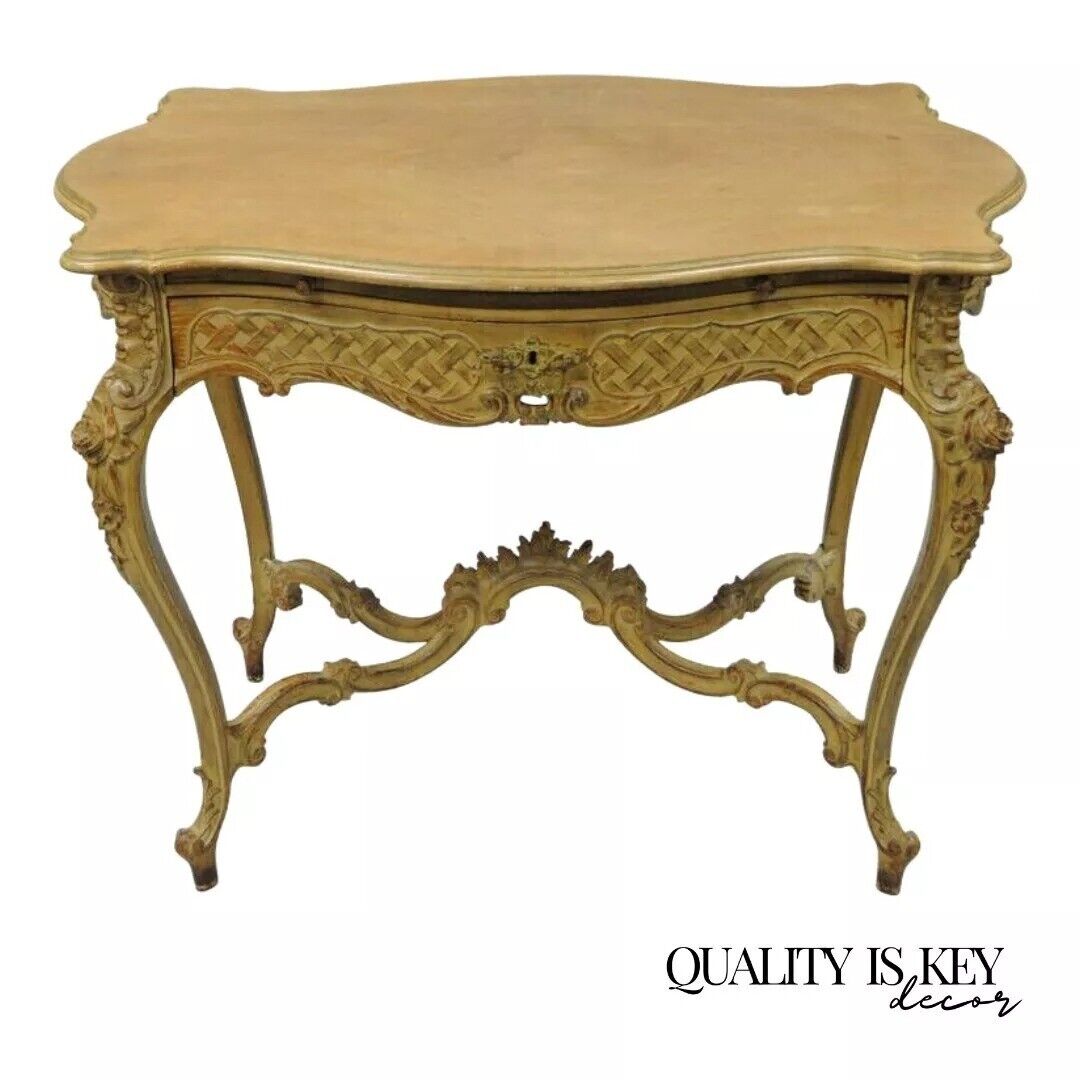 French Rococo Louis XV Distress Paint Dressing Table Vanity Ladies Writing Desk