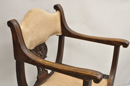 Antique Carved Oak Renaissance Revival Paw Foot Curule Throne Arm Chair