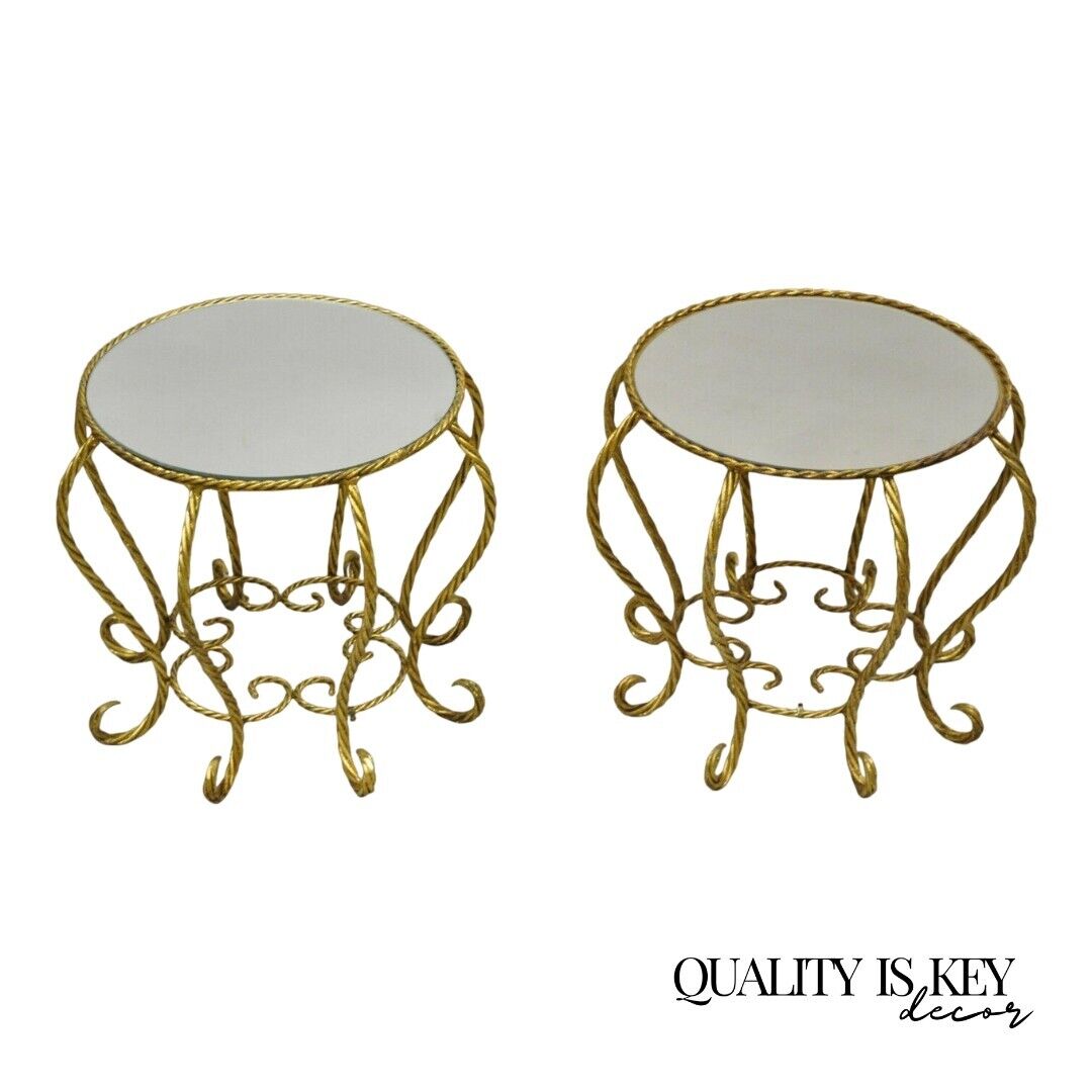 Vintage Italian Hollywood Regency Gold Gilt Glass Top Low Side Tables - a Pair