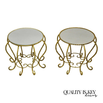 Vintage Italian Hollywood Regency Gold Gilt Glass Top Low Side Tables - a Pair