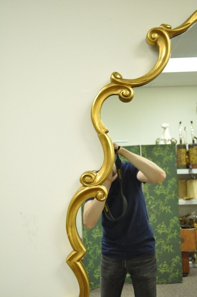 Vintage Hollywood Regency French Style Gold Carved Wood Scrollwork Wall Mirror