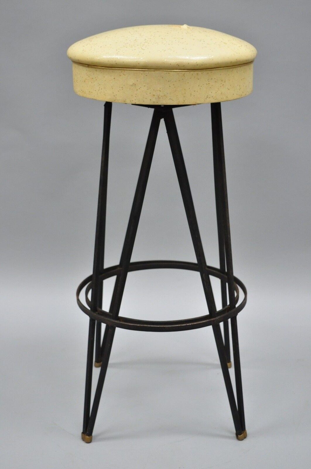 Vintage Wrought Iron Metal Hairpin Leg Atomic Era Swivel Bar Stool Yellow Seat