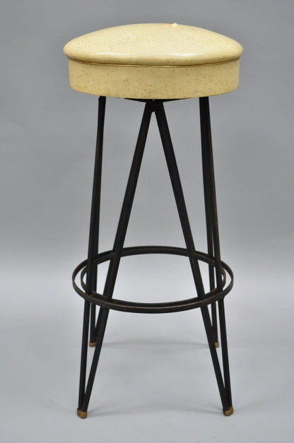 Vintage Wrought Iron Metal Hairpin Leg Atomic Era Swivel Bar Stool Yellow Seat