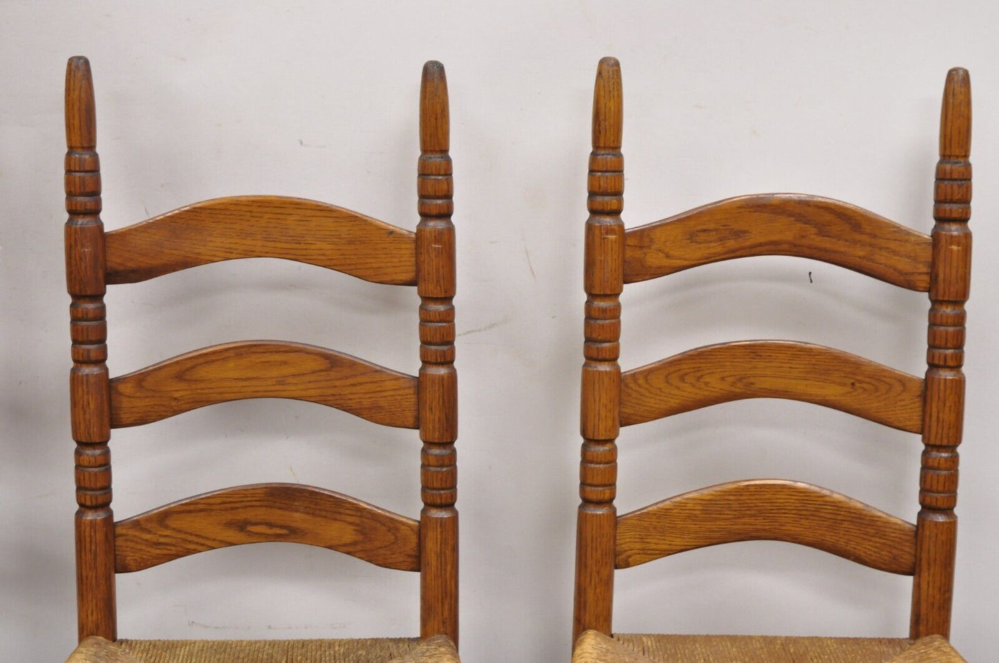 Antique Ladderback Primitive Rustic Oak Wood Rush Seat Dining Chairs - Set of 4