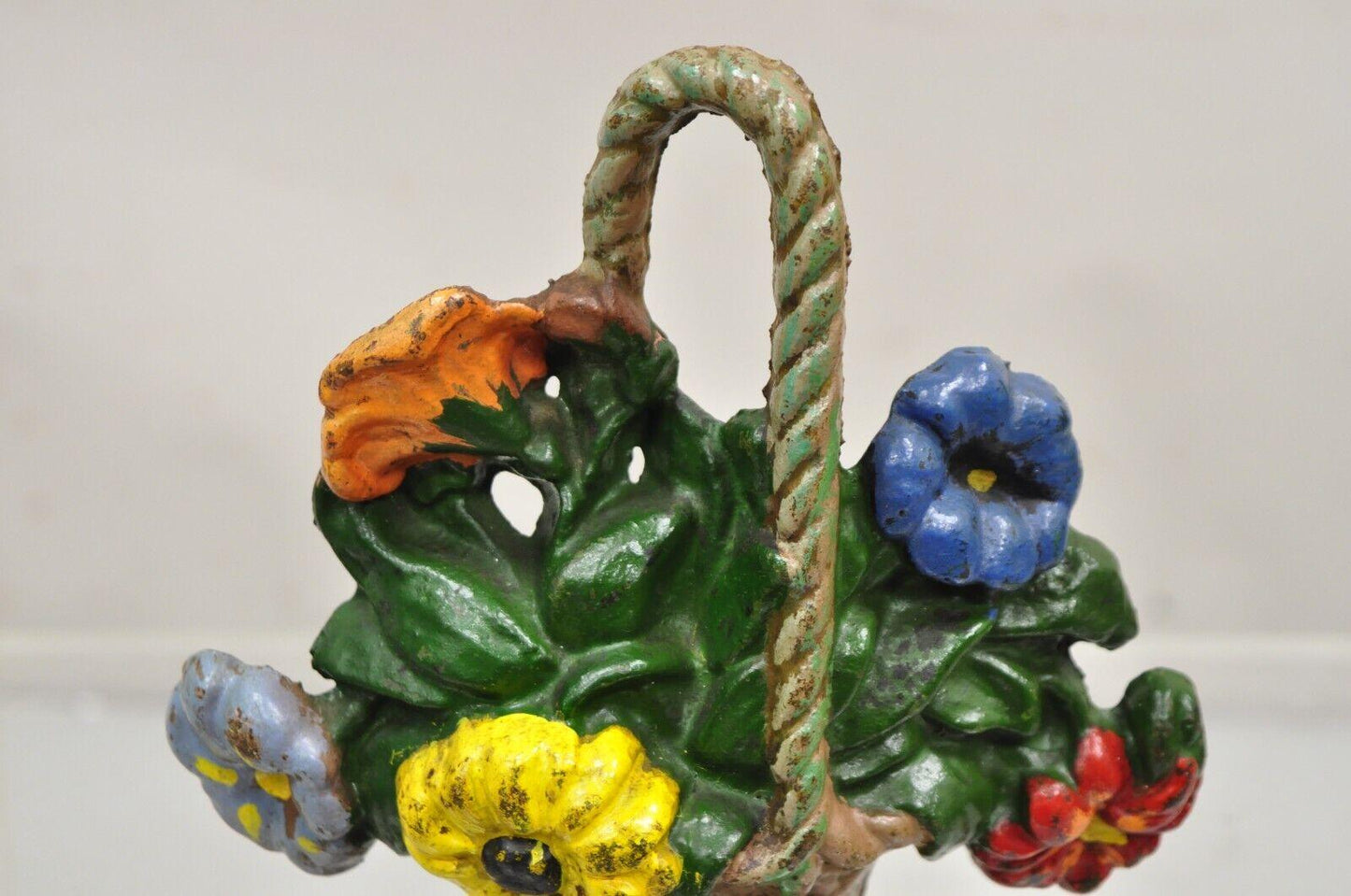 Antique Victorian Cast Iron Figural Floral Bouquet Basket Painted Door Stop