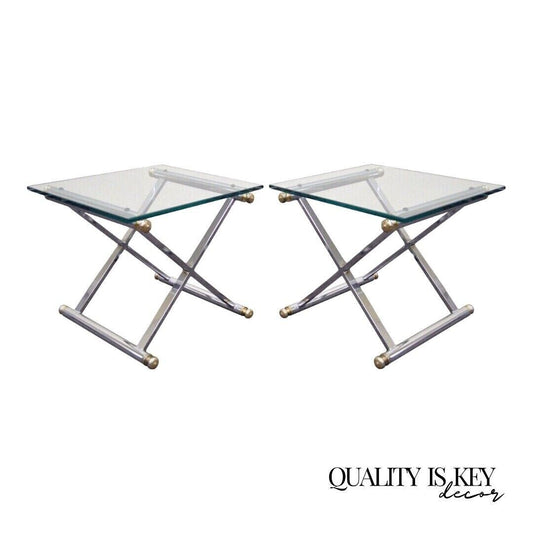 Mid Century Modern Hollywood Regency Chrome Brass Glass X Form Side Table - Pair