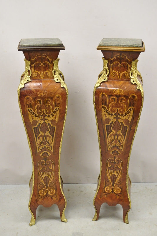 Vintage French Louis XV Style Marble Top Marquetry Inlay Bombe Pedestals a Pair