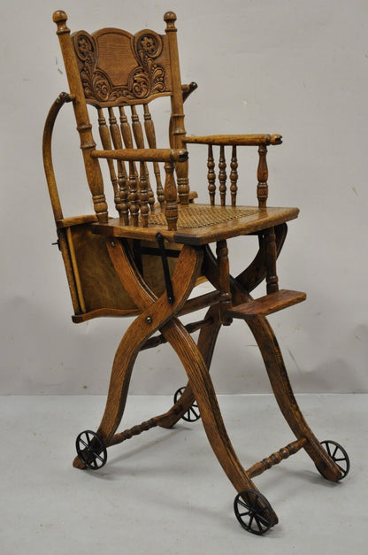 Antique Victorian Oak Wood Convertible Combination Baby High Chair Stroller