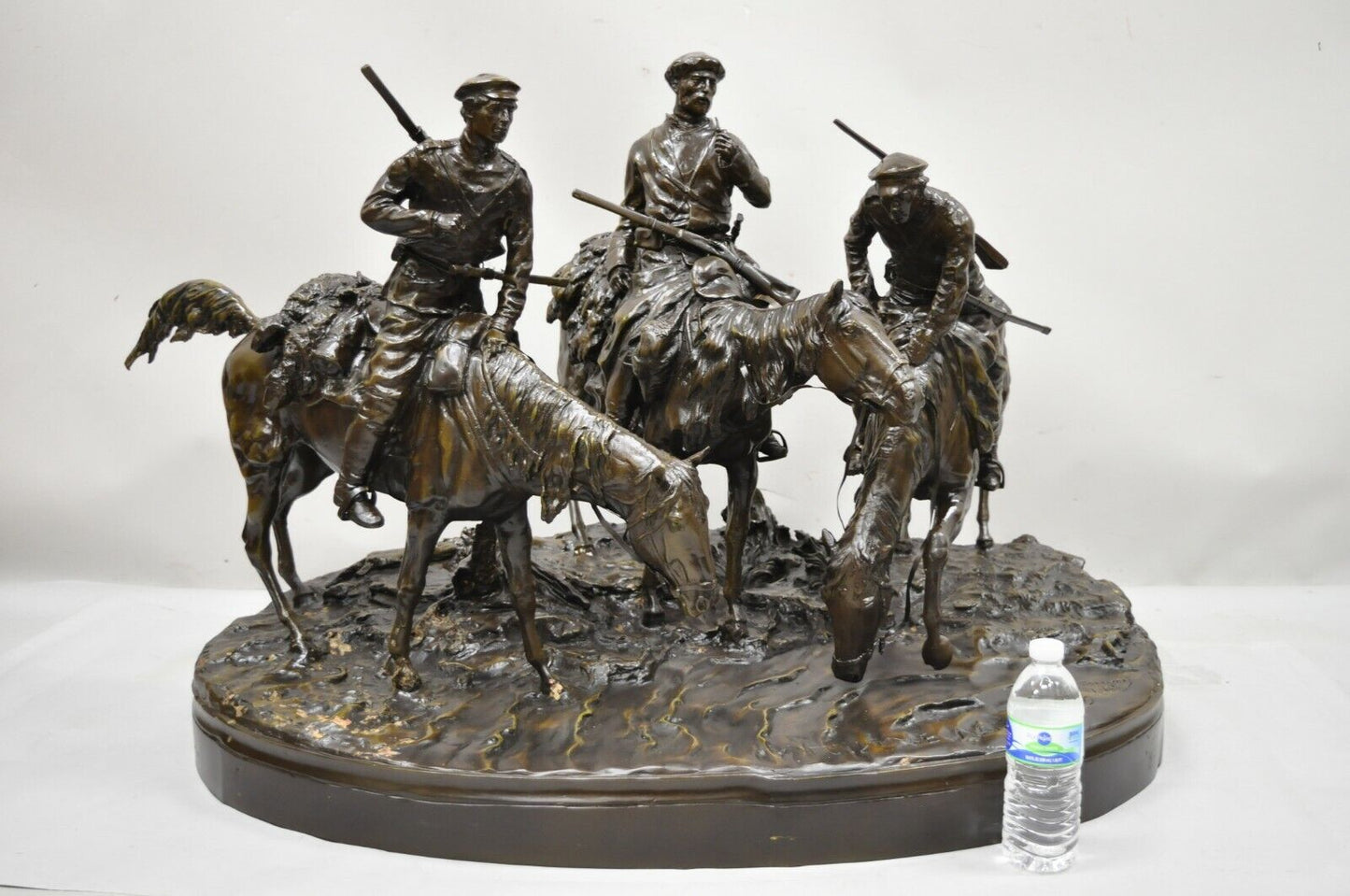 Large Bronze Statue 3 Horse Rider Hunt Scene after Evgeni Alexandrovich Lanceray