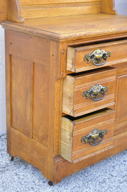 Antique Victorian Oak Bedroom Set Full Size Bed Washstand Dresser - 3 Piece Set