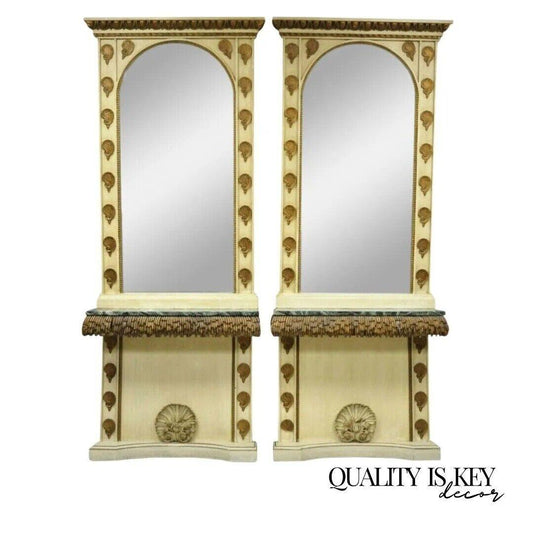 Italian Hollywood Regency Shell Form Grotto Console Hall Table & Mirror - a Pair