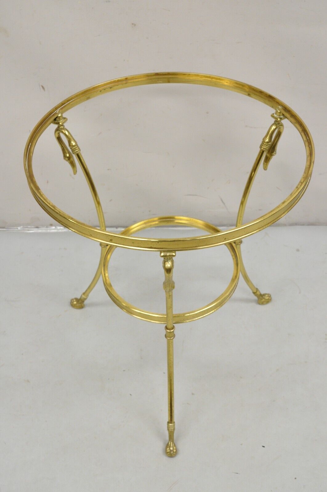 Italian Hollywood Regency Brass Swan Tripod 2 Tier Round Occasional Side Table