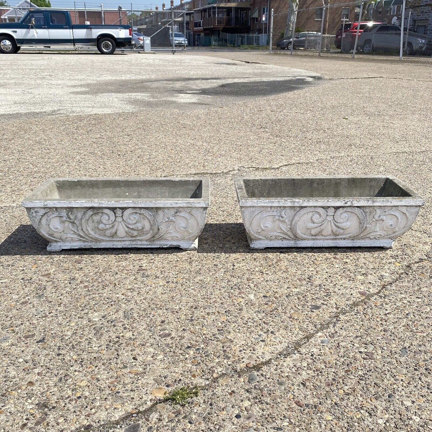 Vintage French Fleur De Lis Rectangular Cement Outdoor Garden Planter - a Pair