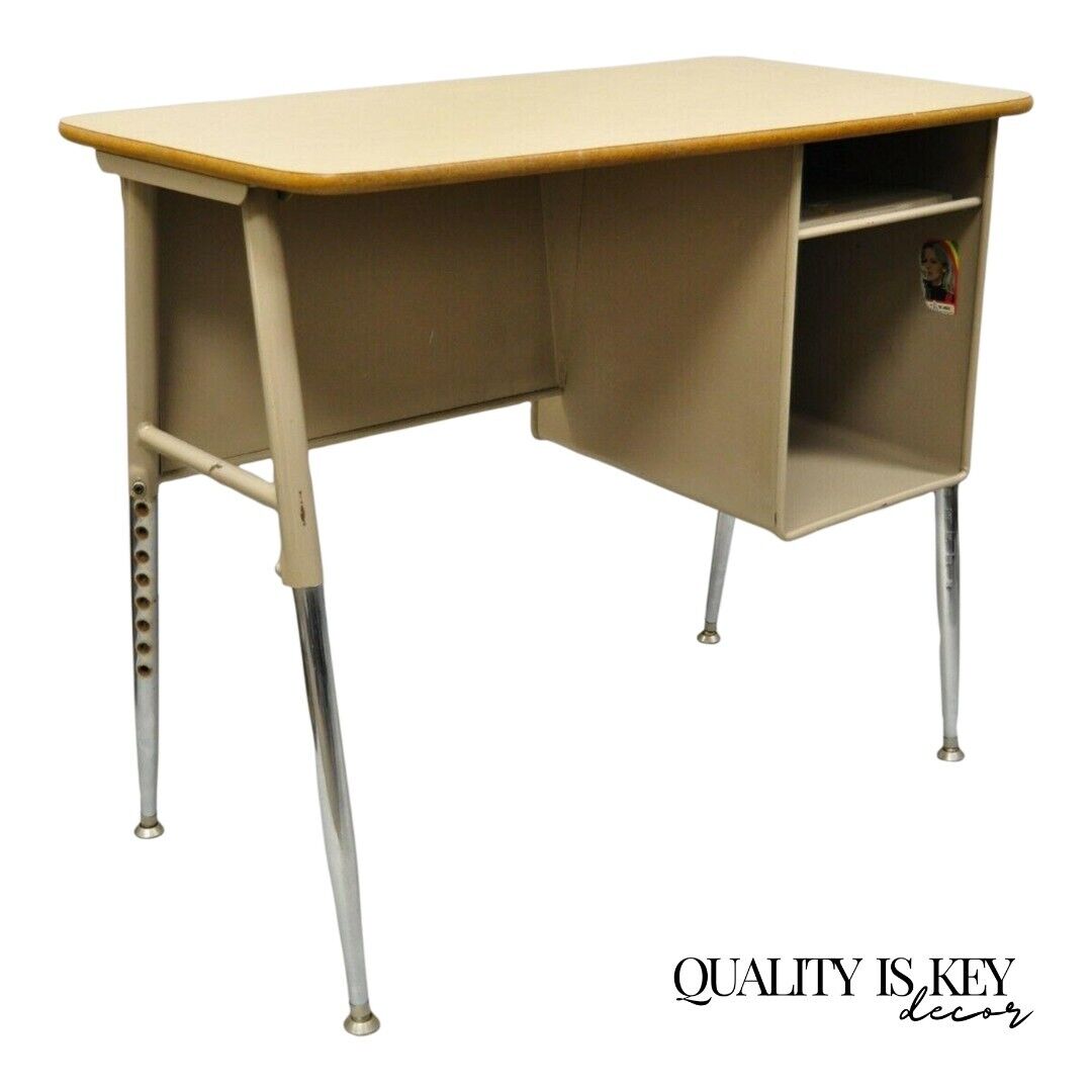 Vintage Adjustable Height Metal School Writing Desk With Laminate Top