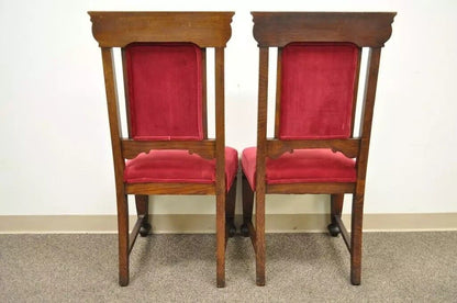 Antique Renaissance Revival Figural Lion Carved Oak Dining Chairs - Set of 4