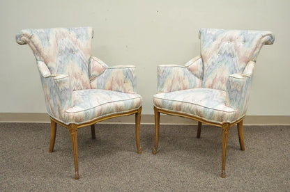 Vintage French Hollywood Regency Rolled Back Fireside Parlor Arm Chairs - a Pair