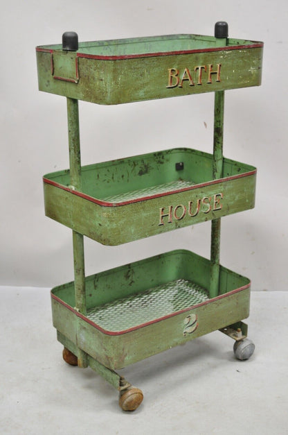 Antique "Bath House 2" Green Painted Metal 3 Tier Rolling Bathroom Trolley Cart