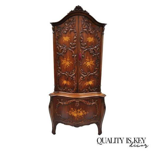 French Louis XV Small Walnut Floral Inlay Style Corner Curio China Cabinet