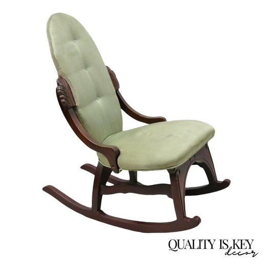 Vintage Victorian Small Mahogany Green Rocking Chair Rocker