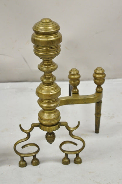 Antique Federal Style Turned Brass & Cast Iron Fireplace Andirons - a Pair