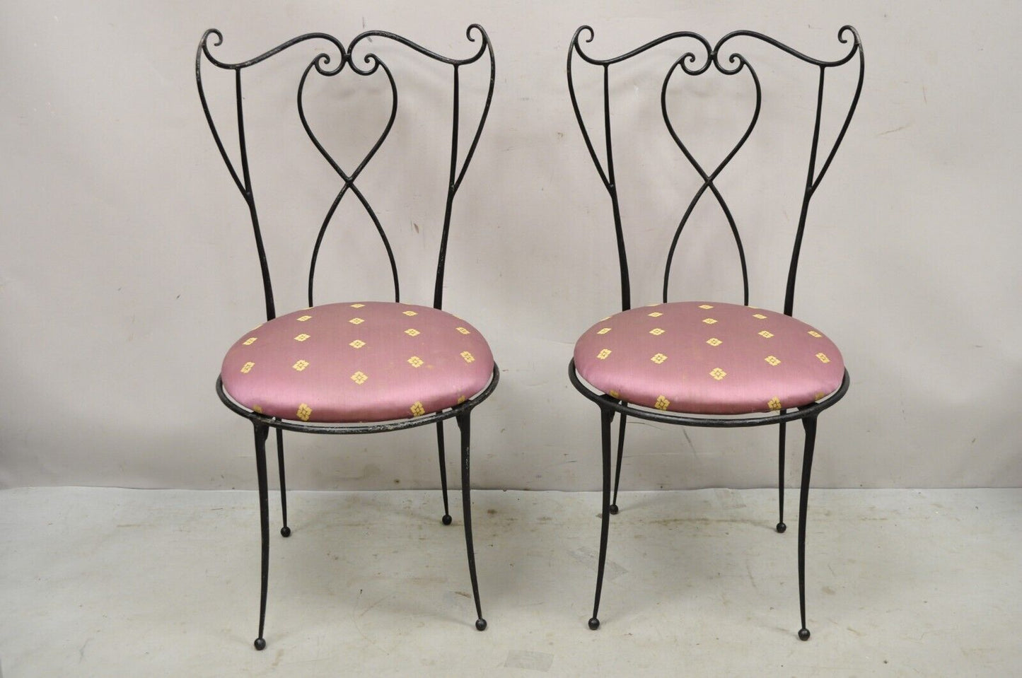 Pair Vtg Salterini Style Mid Century Modern Wrought Iron Scrolling Side Chairs