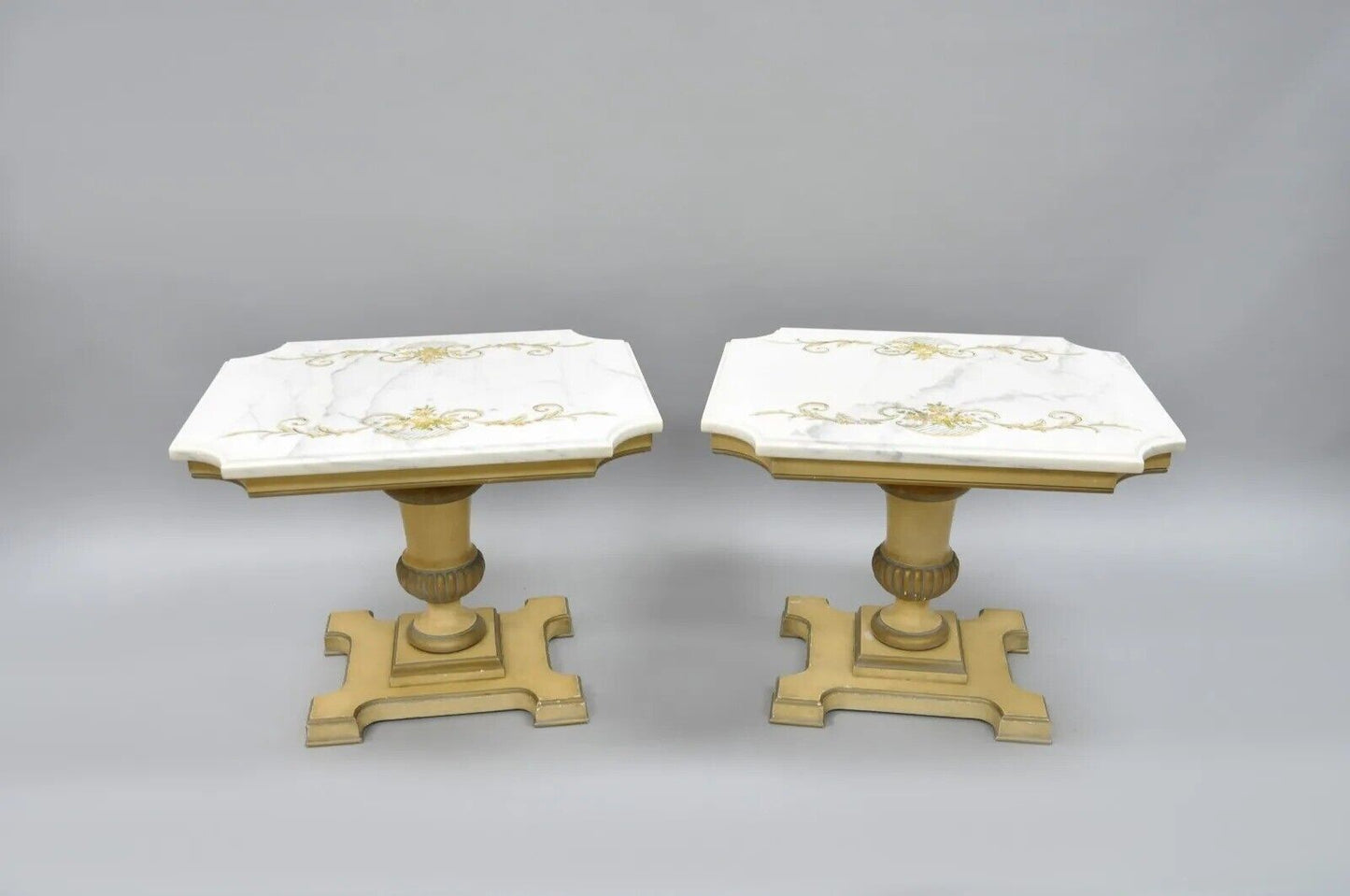 Vintage French Provincial Style Marble Top Wood Urn Base Side Tables - a Pair