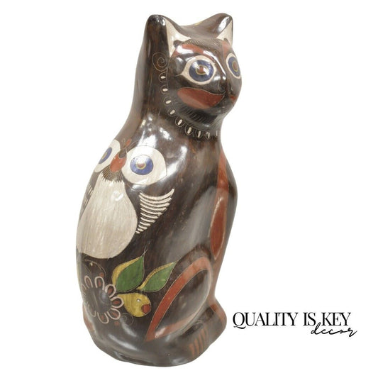 Vintage Mexican Brown Painted Ceramic Pottery Cat with Owl Design Figure Statue