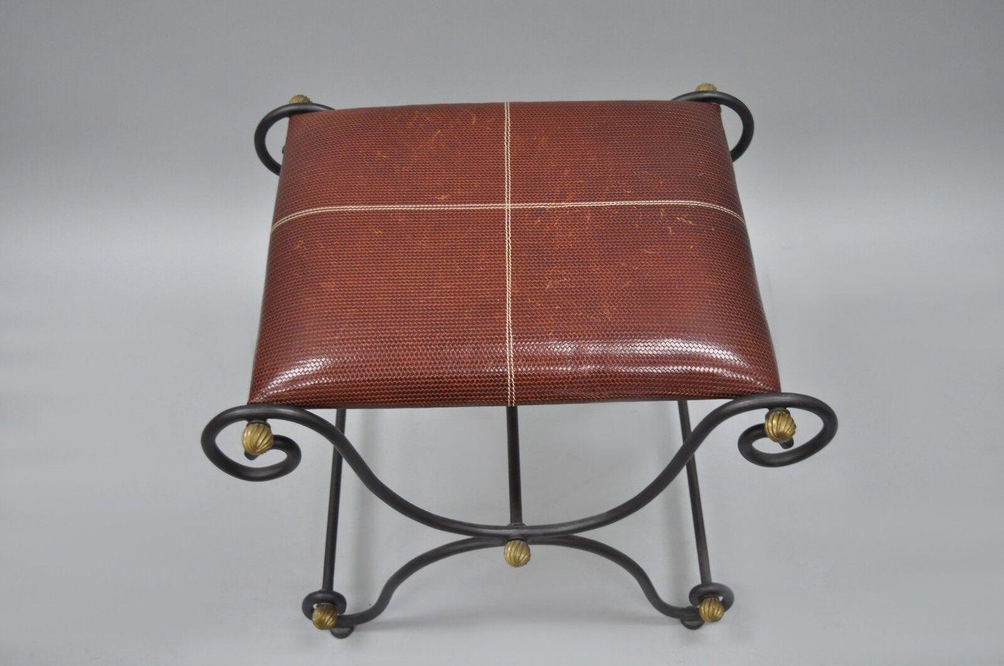 Spanish Regency Style Iron X-Base Curule Bench Stool with Red Woven Leather Seat