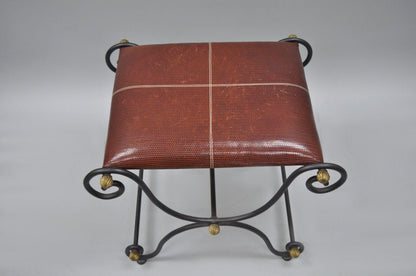 Spanish Regency Style Iron X-Base Curule Bench Stool with Red Woven Leather Seat