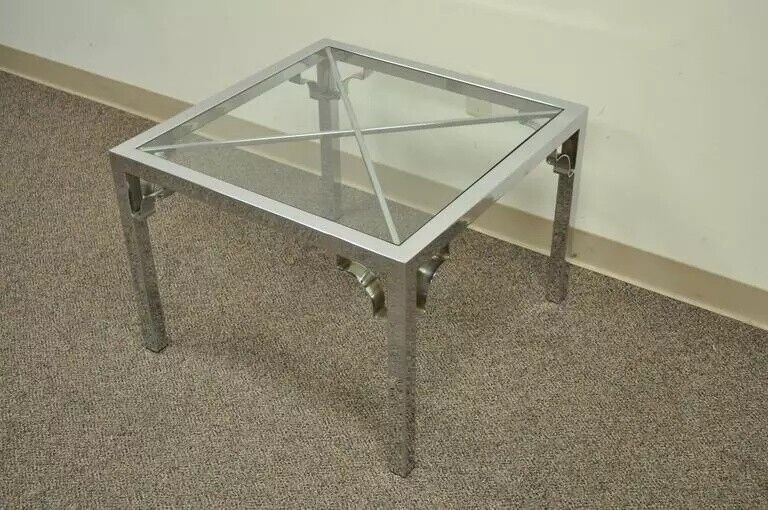 Mid Century Modern Chrome X-Frame Square Glass Top Hollywood Regency Side Table