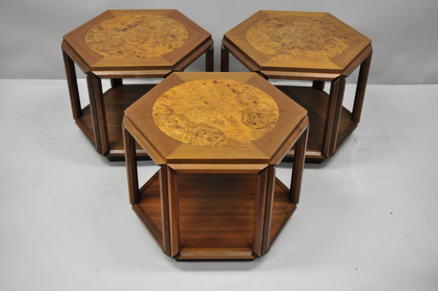 John Keal Brown Saltman Burl Wood Hexagon Mid Century Modern Side Table Set of 3