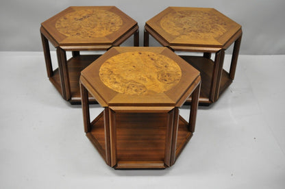 John Keal Brown Saltman Burl Wood Hexagon Mid Century Modern Side Table Set of 3