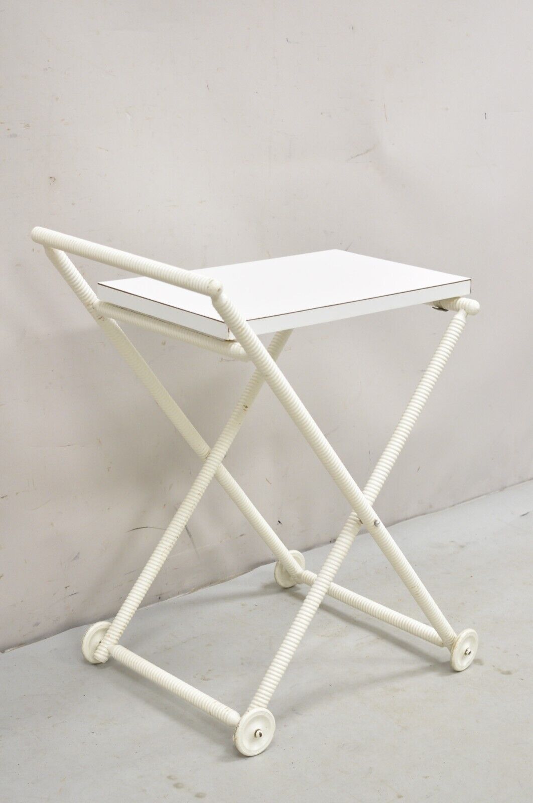 Vintage Mid Century Modern White Small Spool Carved Folding Bar Cart Side Table