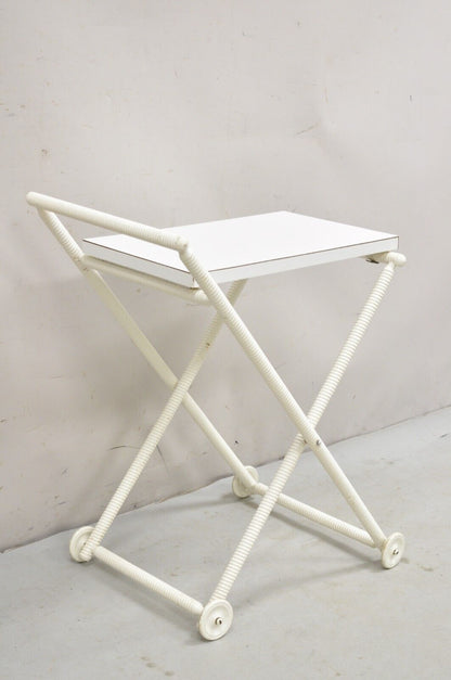 Vintage Mid Century Modern White Small Spool Carved Folding Bar Cart Side Table