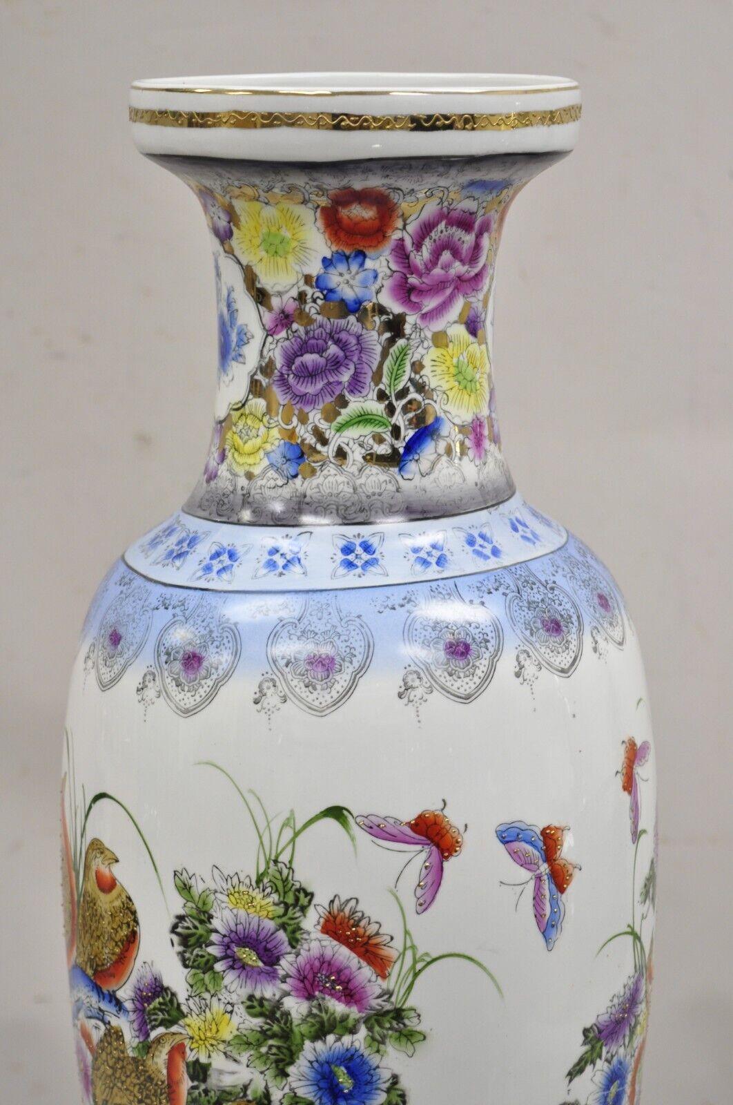 Vintage Chinese Satsuma Style Hand Painted Quail Bird Flower Porcelain Vase