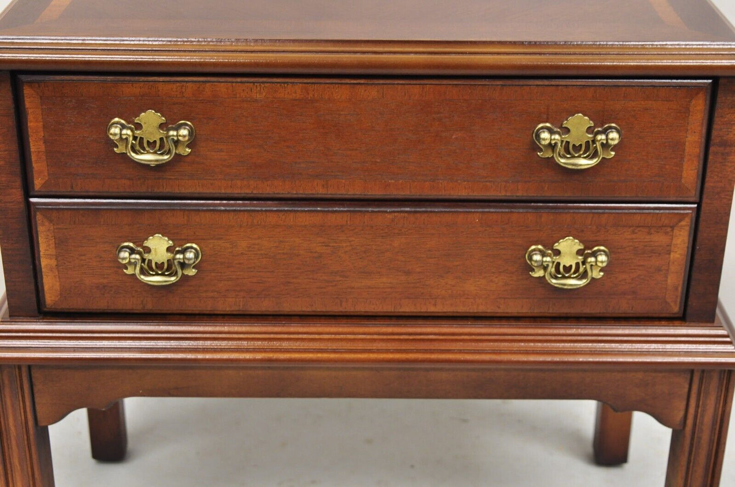 Lane Chippendale Style Banded Mahogany Wood 2 Drawer Small Side Table Chest