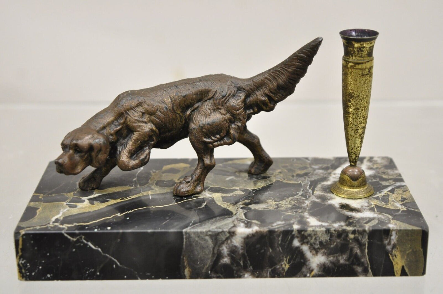 Vintage French Empire Bronze Hunting Dog Marble Base Desk Pen Holder