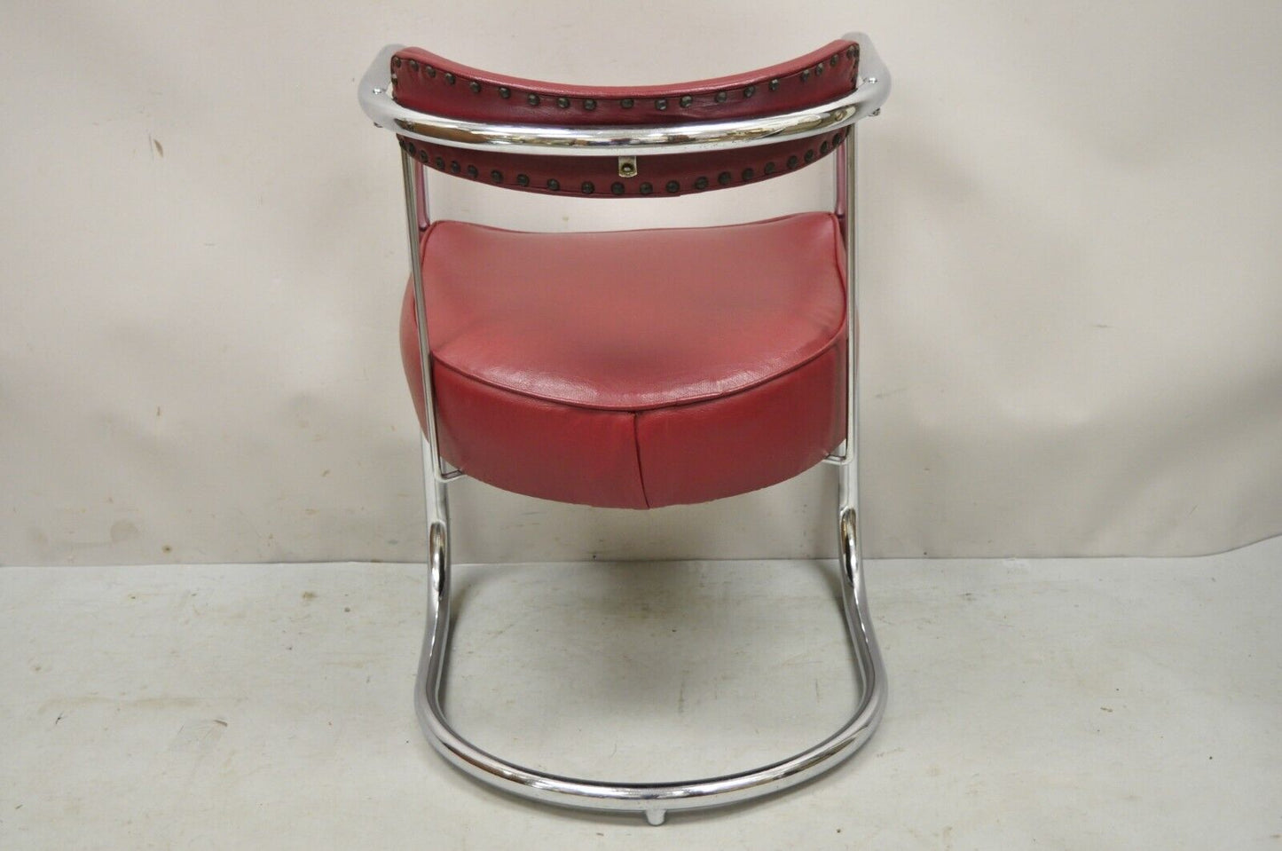 Lloyd Kem Weber Tubular Chrome Steel Red Vinyl Cantilever Arm Chair