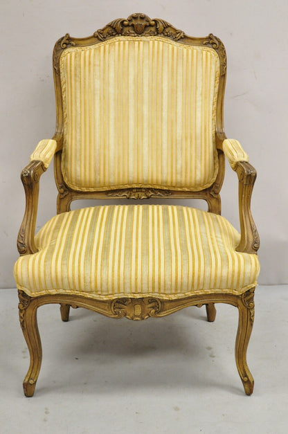 Vintage French Louis XV Style Carved Walnut Fauteuil Parlor Lounge Arm Chair