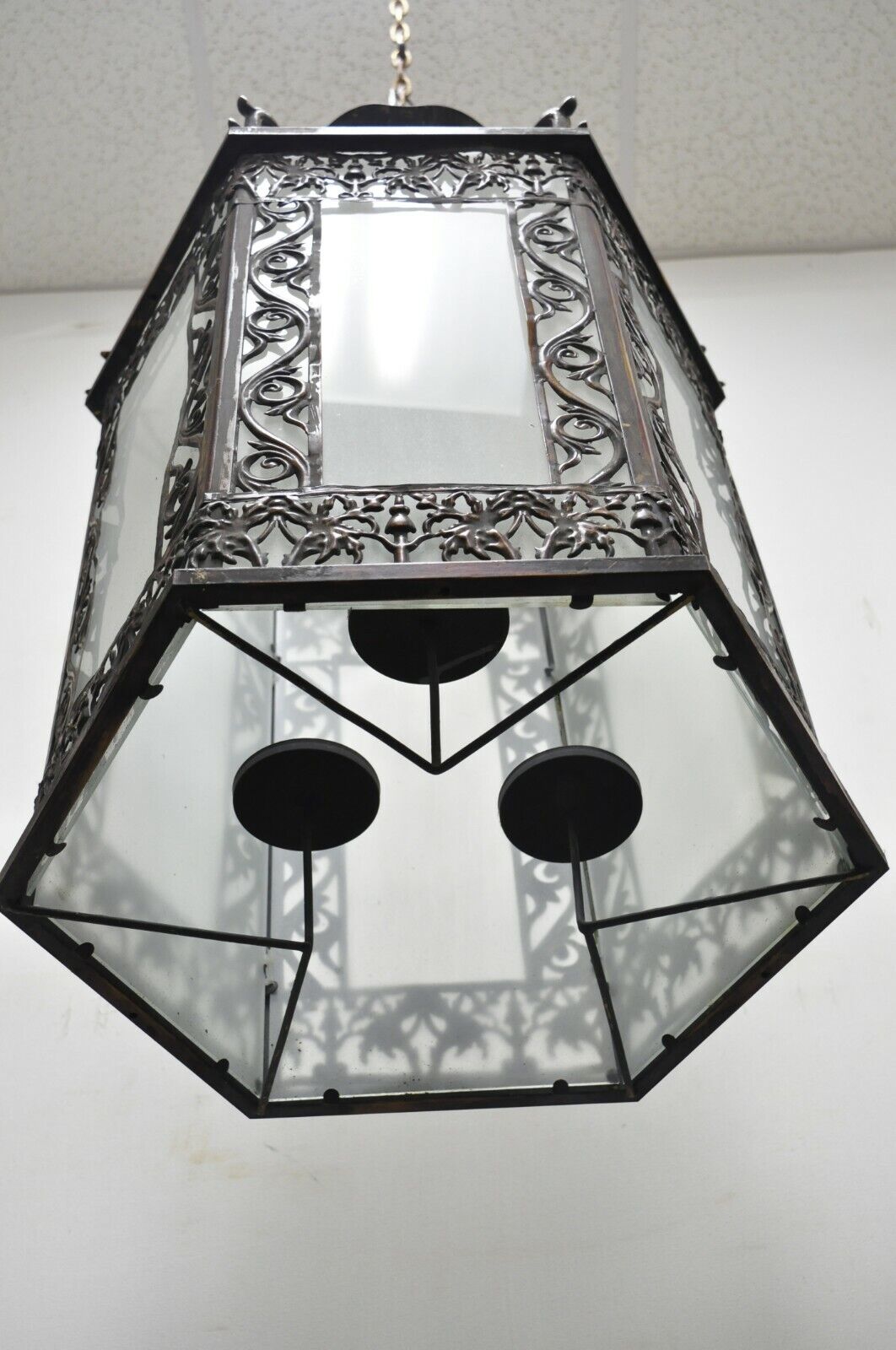 Art Nouveau Slag Glass Hexagonal Gilt Metal Pendant Light Chandelier Fixture